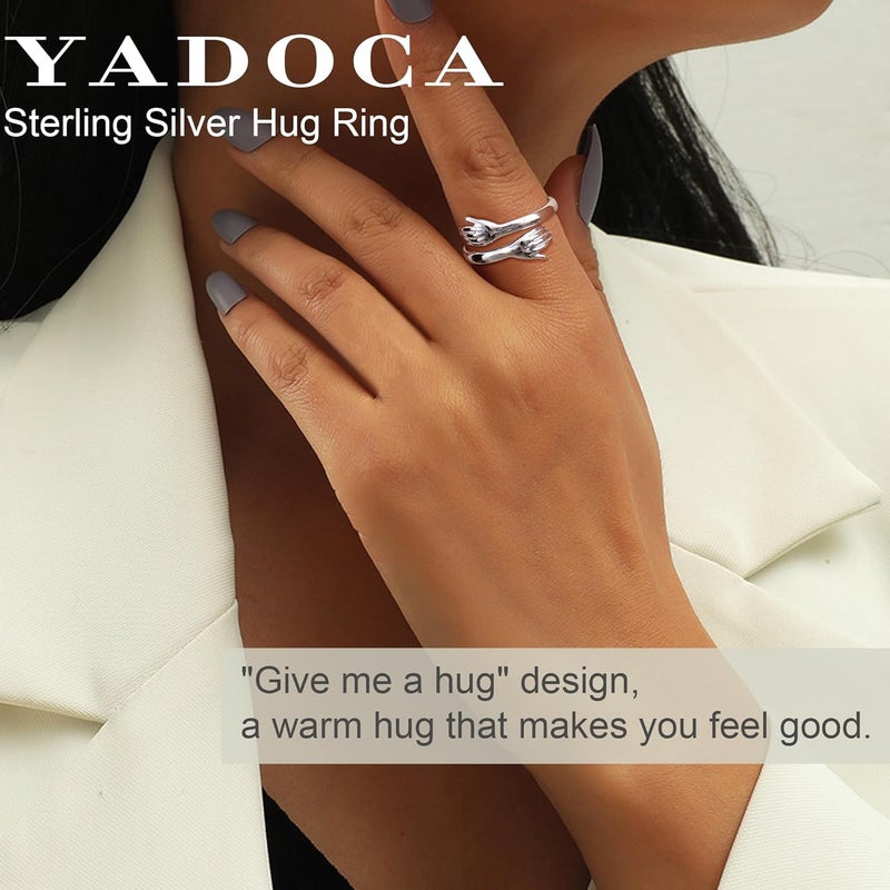Yadoca 925 Sterling Silver Hug Ring for Women Men Adjustable Hugging Hands Open Love Promise Friendship Wedding Ring - Image 5